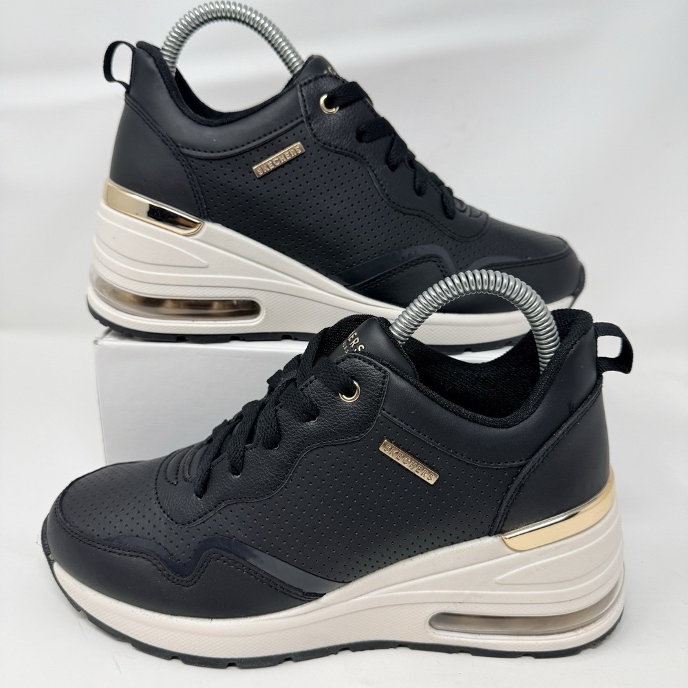 Skechers Million Air Hotter Air Womens 6.5 Black Gold Wedge Sneakers 155399